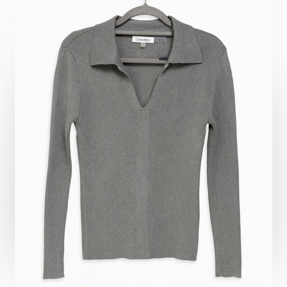 Calvin Klein Metallic Silver Johnny Collar Sweater Medium Y2K Soft Corporate